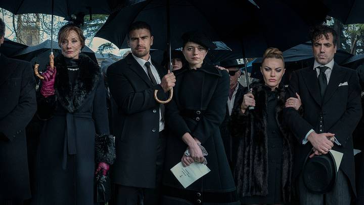 The Gentlemen. L-R Joely Richardson as Lady Sabrina, Theo James as Eddie Horniman, Jasmine Blackborow as Charly Horniman, Chanel Cresswell as Tammy Horniman & Daniel Ings as Freddy Horniman
