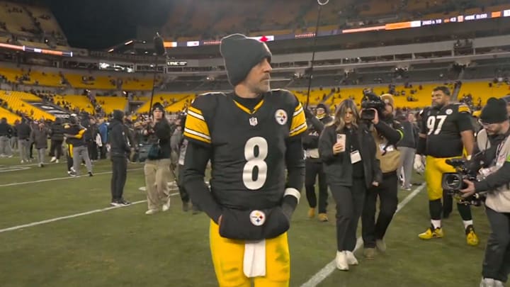 Pittsburgh Steelers quarterback Aaron Rodgers walks off the field following his team’s loss to the Houston Texans in the wild-card round of the playoffs.