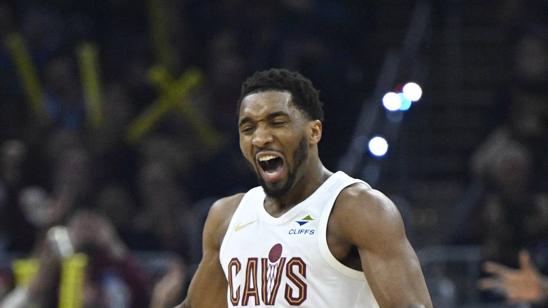Apr 8, 2026; Cleveland, Ohio, USA; Cleveland Cavaliers guard Donovan Mitchell (45) celebrates in the third quarter against the Atlanta Hawks at Rocket Arena. Mandatory Credit: David Richard-Imagn Images Apr 8, 2026; Cleveland, Ohio, USA; Cleveland Cavaliers guard Donovan Mitchell (45) celebrates in the third quarter against the Atlanta Hawks at Rocket Arena. Mandatory Credit: David Richard-Imagn Images