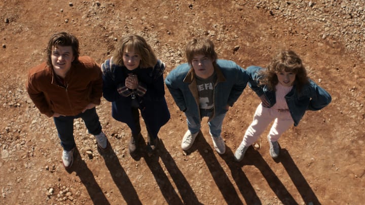 STRANGER THINGS: SEASON 5. (L to R) Joe Keery as Steve Harrington, Maya Hawke as Robin Buckley, Charlie Heaton as Jonathan Byers, and Natalia Dyer as Nancy Wheeler in Stranger Things: Season 5. Cr. COURTESY OF NETFLIX © 2025