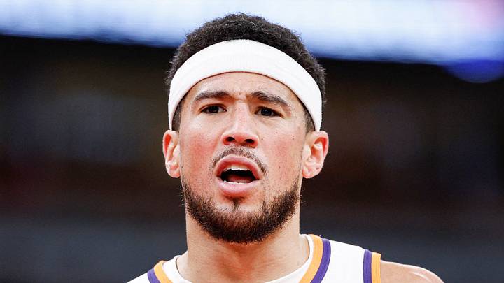Apr 5, 2026; Chicago, Illinois, USA; Phoenix Suns guard Devin Booker (1) reacts during the second half at United Center. Mandatory Credit: Kamil Krzaczynski-Imagn Images