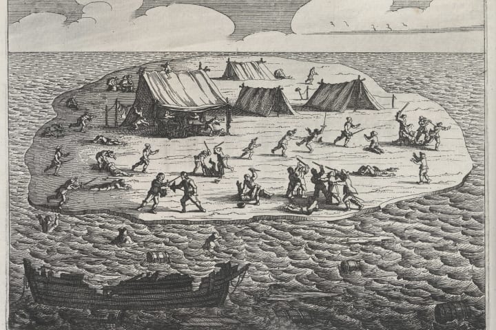 1647 illustration of 'Batavia' shipwreck survivors battling each other on an island