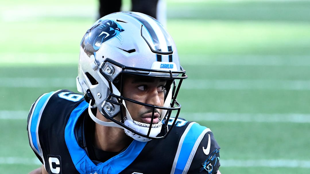 Carolina Panthers quarterback Bryce Young after a nine yard run in the third quarter.