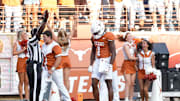 Sep 13, 2025; Austin, Texas, USA; Texas Longhorns wide receiver Ryan Wingo (1) reacts after catching a touchdown pass during the second half against the Texas El Paso Miners at Darrell K Royal-Texas Memorial Stadium.