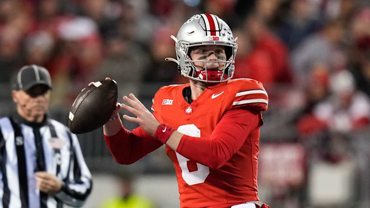 Ohio State quarterback Kyle McCord looks to pass during a game against Minnesota at Ohio Stadium in Columbus, Ohio on Nov. 18, 2023.
