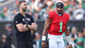 Aug 1, 2024; Philadelphia, PA, USA; Philadelphia Eagles quarterback Jalen Hurts (1) talks with head coach Nick Sirianni (L) during a practice at Lincoln Financial Field. Mandatory Credit: Bill Streicher-USA TODAY Sports