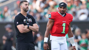Aug 1, 2024; Philadelphia, PA, USA; Philadelphia Eagles quarterback Jalen Hurts (1) talks with head coach Nick Sirianni (L) during a practice at Lincoln Financial Field. Mandatory Credit: Bill Streicher-USA TODAY Sports