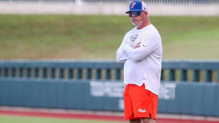 Gators Baseball head coach Kevin OÕSullivan watches the intrasquad scrimmage from the field during Fall Ball, Wednesday, October 8, 2025, at at Condron Family Ballpark, in Gainesville, Florida. [Cyndi Chambers/ Gainesville Sun] 2025