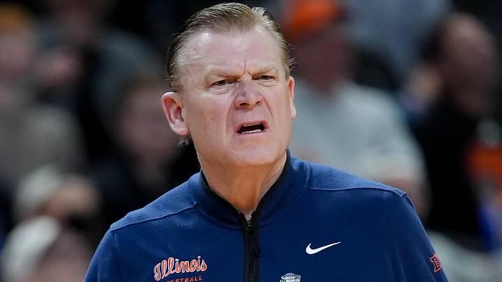 Mar 19, 2026; Greenville, SC, USA; Illinois Fighting Illini head coach Brad Underwood reacts to a play against the Penn Quakers in the first half of a first round game of the men's 2026 NCAA Tournament at Bon Secours Wellness Arena. Mandatory Credit: Jim Dedmon-Imagn Images