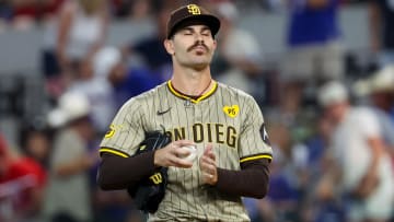 Jul 2, 2024; Arlington, Texas, USA;  San Diego Padres starting pitcher Dylan Cease (84) reacts during the first inning against the Texas Rangers at Globe Life Field. Mandatory Credit: Kevin Jairaj-USA TODAY Sports