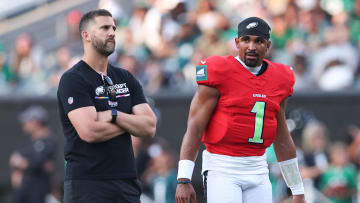 Aug 1, 2024; Philadelphia, PA, USA; Philadelphia Eagles quarterback Jalen Hurts (1) talks with head coach Nick Sirianni (L) during a practice at Lincoln Financial Field. Mandatory Credit: Bill Streicher-USA TODAY Sports