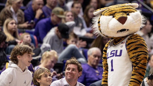 LSU Tigers mascot Mike the Tiger plays with some young fans against during a game with the Arkansas Razorbacks at Pete Maravi