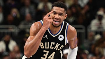Nov 22, 2024; Milwaukee, Wisconsin, USA;  Milwaukee Bucks forward Giannis Antetokounmpo (34) reacts in the second quarter against the Indiana Pacers at Fiserv Forum. Mandatory Credit: Benny Sieu-Imagn Images