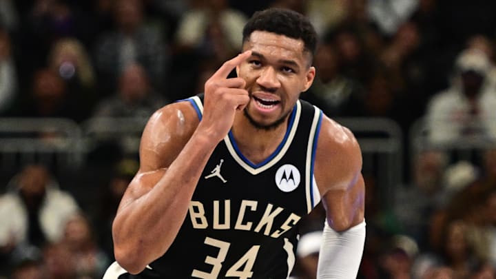 Nov 22, 2024; Milwaukee, Wisconsin, USA;  Milwaukee Bucks forward Giannis Antetokounmpo (34) reacts in the second quarter against the Indiana Pacers at Fiserv Forum. Mandatory Credit: Benny Sieu-Imagn Images