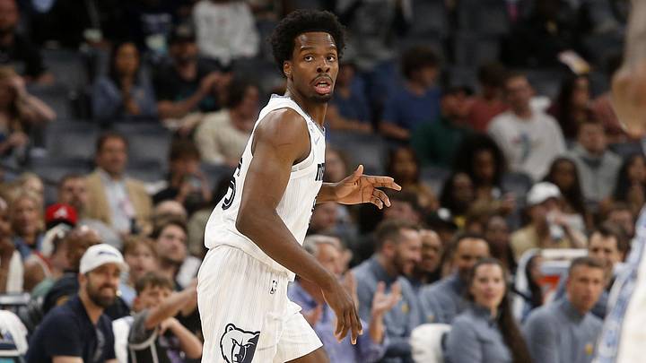 Apr 3, 2026; Memphis, Tennessee, USA; Memphis Grizzlies forward Toby Okani (5) reacts after a basket during the first quarter against the Toronto Raptors at FedExForum. Mandatory Credit: Petre Thomas-Imagn Images