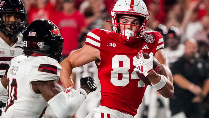 Sep 16, 2023; Lincoln, Nebraska, USA; Nebraska Cornhuskers wide receiver Alex Bullock runs against Northern Illinois Huskies cornerback Jacob Finley during the third quarter at Memorial Stadium.