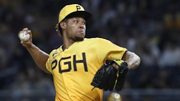 Jun 30, 2023; Pittsburgh, Pennsylvania, USA; Pittsburgh Pirates relief pitcher Dauri Moreta (36) pitches against the Milwaukee Brewers during the seventh inning at PNC Park. Mandatory Credit: Charles LeClaire-Imagn Images