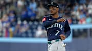 Oct 20, 2025; Toronto, Ontario, CAN; Seattle Mariners second baseman Jorge Polanco (7) warms up before game seven of the ALCS round for the 2025 MLB playoffs against the Toronto Blue Jays at Rogers Centre. Mandatory Credit: Nick Turchiaro-Imagn Images