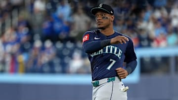 Oct 20, 2025; Toronto, Ontario, CAN; Seattle Mariners second baseman Jorge Polanco (7) warms up before game seven of the ALCS round for the 2025 MLB playoffs against the Toronto Blue Jays at Rogers Centre. Mandatory Credit: Nick Turchiaro-Imagn Images