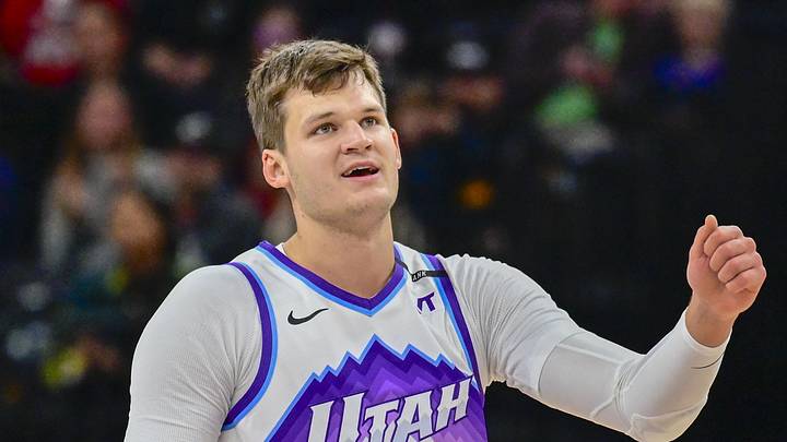 Oct 16, 2025; Salt Lake City, Utah, USA; Utah Jazz center Walker Kessler (24) smiles after making a great play during the first half against the Portland Trail Blazers at Delta Center. Mandatory Credit: Peter Creveling-Imagn Images