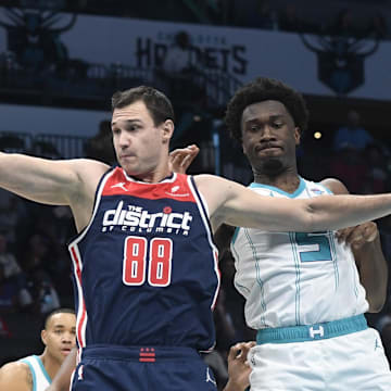 Nov 8, 2023; Charlotte, North Carolina, USA; Washington Wizards forward Danilo Gallinari (88) gets a rebound during the first half against the Charlotte Hornets at the Spectrum Center. Mandatory Credit: Sam Sharpe-Imagn Images