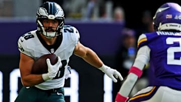 Oct 19, 2025; Minneapolis, Minnesota, USA; Philadelphia Eagles running back Will Shipley (28) runs the ball against Minnesota Vikings cornerback Isaiah Rodgers (2) during the second half at U.S. Bank Stadium.