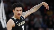 Mar 22, 2024; Indianapolis, IN, USA; Colorado Buffaloes guard KJ Simpson (2) reacts in the second half against the Florida Gators in the first round of the 2024 NCAA Tournament at Gainbridge FieldHouse. Mandatory Credit: Trevor Ruszkowski-USA TODAY Sports