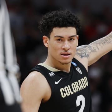 Mar 22, 2024; Indianapolis, IN, USA; Colorado Buffaloes guard KJ Simpson (2) reacts in the second half against the Florida Gators in the first round of the 2024 NCAA Tournament at Gainbridge FieldHouse. Mandatory Credit: Trevor Ruszkowski-USA TODAY Sports