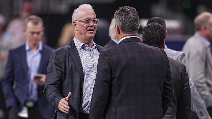 Nov 3, 2024; Atlanta, Georgia, USA; Dallas Cowboys Chief Operating Officer and Co-Owner Stephen Jones shown on the field prior to the game against the Atlanta Falcons at Mercedes-Benz Stadium. Mandatory Credit: Dale Zanine-Imagn Images