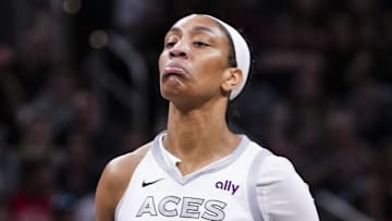 Sep 11, 2024; Indianapolis, Indiana, USA; Las Vegas Aces center A'ja Wilson (22) reacts after scoring Wednesday, Sept. 11, 2024, during a game between the Indiana Fever and the Las Vegas Aces at Gainbridge Fieldhouse in Indianapolis.  Mandatory Credit: Grace Smith