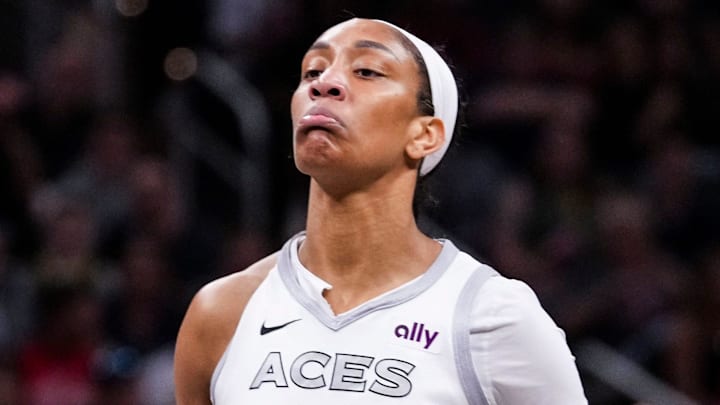 Las Vegas Aces center A'ja Wilson (22) reacts after scoring Wednesday, Sept. 11, 2024, during a game between the Indiana Fever and the Las Vegas Aces at Gainbridge Fieldhouse in Indianapolis.