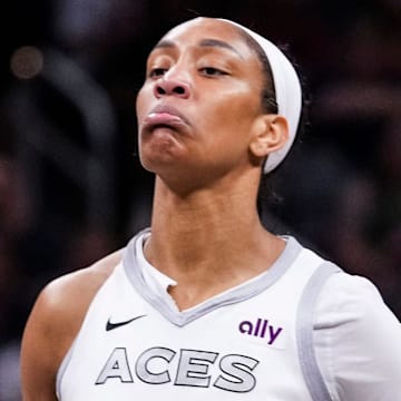 Las Vegas Aces center A'ja Wilson (22) reacts after scoring Wednesday, Sept. 11, 2024, during a game between the Indiana Fever and the Las Vegas Aces at Gainbridge Fieldhouse in Indianapolis.