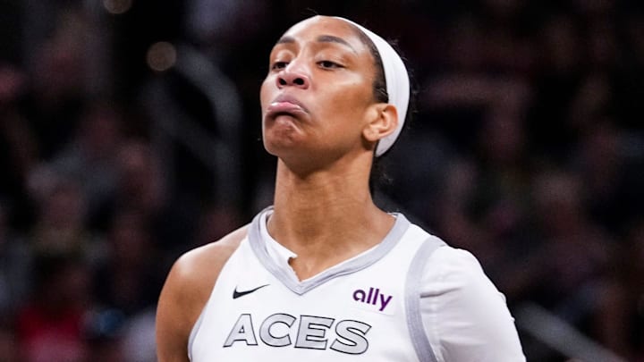 Las Vegas Aces center A'ja Wilson (22) reacts after scoring Wednesday, Sept. 11, 2024, during a game between the Indiana Fever and the Las Vegas Aces at Gainbridge Fieldhouse in Indianapolis.