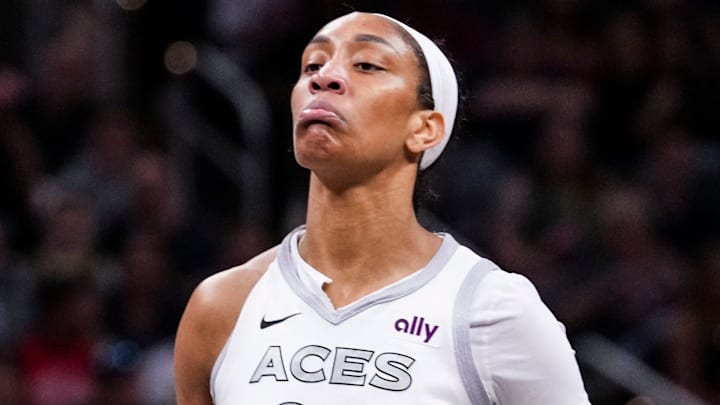 Las Vegas Aces center A'ja Wilson (22) reacts after scoring Wednesday, Sept. 11, 2024, during a game between the Indiana Fever and the Las Vegas Aces at Gainbridge Fieldhouse in Indianapolis. Las Vegas Aces center A'ja Wilson (22) reacts after scoring Wednesday, Sept. 11, 2024, during a game between the Indiana Fever and the Las Vegas Aces at Gainbridge Fieldhouse in Indianapolis.