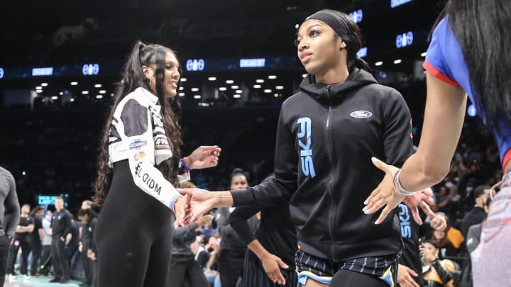 May 23, 2024; Brooklyn, New York, USA;  Chicago Sky forward Angel Reese (5) is introduced before a game against the New York Liberty at Barclays Center. 