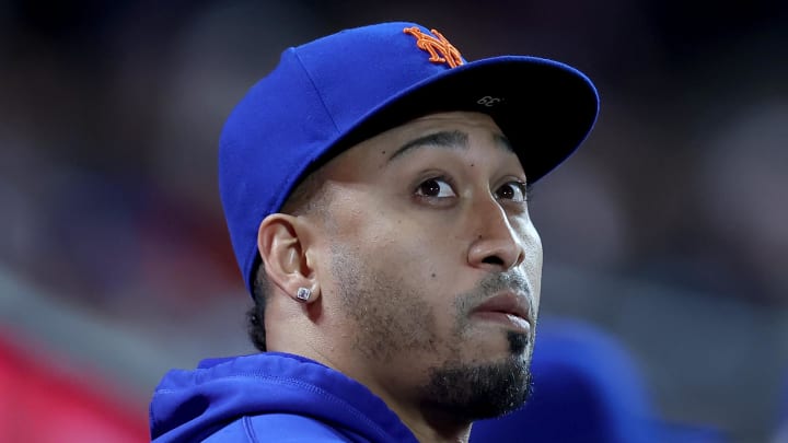Jun 11, 2024; New York City, New York, USA; New York Mets relief pitcher Edwin Diaz watches from the dugout during the seventh inning against the Miami Marlins at Citi Field. Mandatory Credit: Brad Penner-USA TODAY Sports