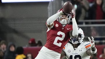 Alabama Crimson Tide defensive back Zabien Brown (2) intercepts a pass intended for Auburn Tigers tight end Rivaldo Fairweather (13)