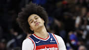 Nov 10, 2025; Detroit, Michigan, USA;  Washington Wizards forward Kyshawn George (18) reacts after the game against the Detroit Pistons at Little Caesars Arena. Mandatory Credit: Rick Osentoski-Imagn Images