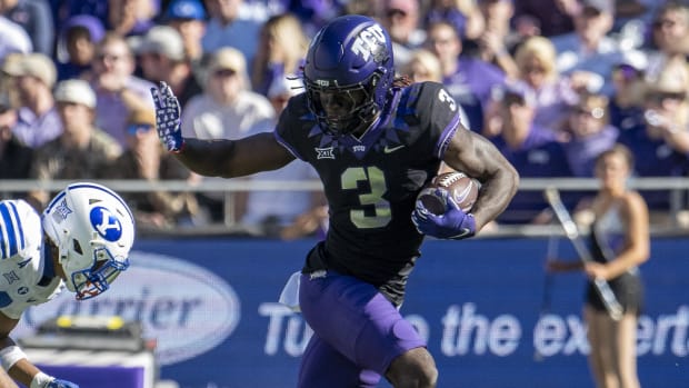 TCU Horned Frogs wide receiver Savion Williams catches a touchdown during a college football game in the Big 12.