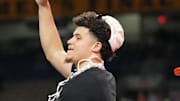 Apr 7, 2025; San Antonio, TX, USA;  Florida Gators guard Walter Clayton Jr. (1) cuts down the net after defeating the Houston Cougars in the national championship game of the Final Four of the 2025 NCAA Tournament at the Alamodome. Mandatory Credit: Robert Deutsch-Imagn Images