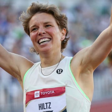 Nikki Hiltz celebrates a win in the women's 1,500 meters on day three of the USA Outdoor Track and Field Championships, She also won the semifinals at the U.S Olympic Trials.
