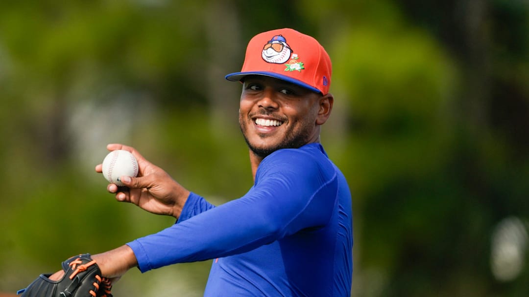 The New York Mets starting pitcher Freddy Peralta throws during spring training on the back fields of Clover Park on Feb. 11, 2026, in Port St. Lucie. The New York Mets starting pitcher Freddy Peralta throws during spring training on the back fields of Clover Park on Feb. 11, 2026, in Port St. Lucie.