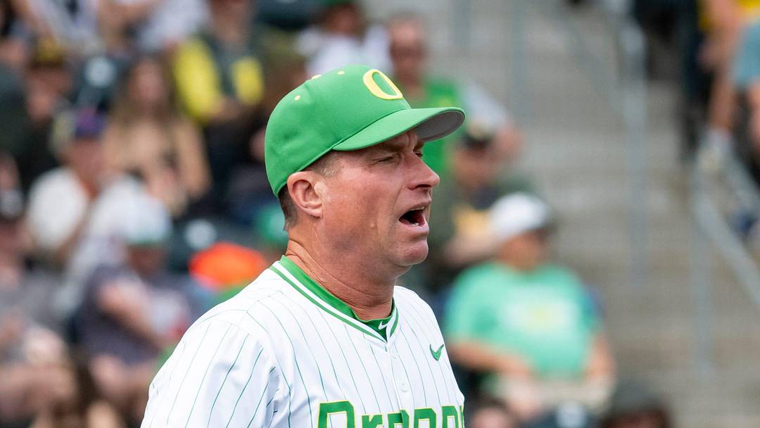 Oregon coach Mark Wasikowski comes out from the dugout to dispute a call as the Oregon Ducks host the Washington Huskies on May 10, 2025, at PK Park in Eugene.