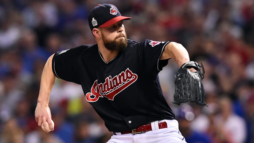 Nov 2, 2016: Cleveland Indians starting pitcher Corey Kluber throws a pitch against the Chicago Cubs in the first inning in game seven of the 2016 World Series at Progressive Field. 