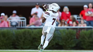 Oct 12, 2024; Athens, Georgia, USA; Mississippi State Bulldogs wide receiver Mario Craver (7) runs after a catch against the Georgia Bulldogs in the second quarter at Sanford Stadium. Mandatory Credit: Brett Davis-Imagn Images