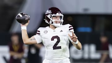 Sep 7, 2024; Tempe, Arizona, USA; Mississippi State Bulldogs quarterback Blake Shapen (2) against the Arizona State Sun Devils at Mountain America Stadium. Mandatory Credit: Mark J. Rebilas-Imagn Images