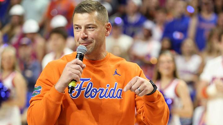 New Gator head football coach Jon Sumrall fires up the crowd during the first half an NCAA basketball game at Steven C. O'Connell Center Exactek arena in Gainesville, FL on Saturday, January 24, 2026. Students, who get in free, have a limited number of seats so many camp out overnight. [Alan Youngblood/Gainesville Sun]