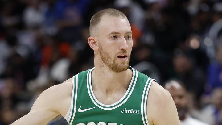 Oct 26, 2025; Detroit, Michigan, USA; Boston Celtics forward Sam Hauser (30) dribbles in the first half against the Detroit Pistons at Little Caesars Arena. Mandatory Credit: Rick Osentoski-Imagn Images