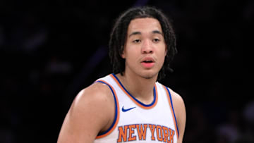 Oct 15, 2024; New York, New York, USA; New York Knicks guard Pacome Dadiet (4) during the first half against the Charlotte Hornets at Madison Square Garden. Mandatory Credit: John Jones-Imagn Images