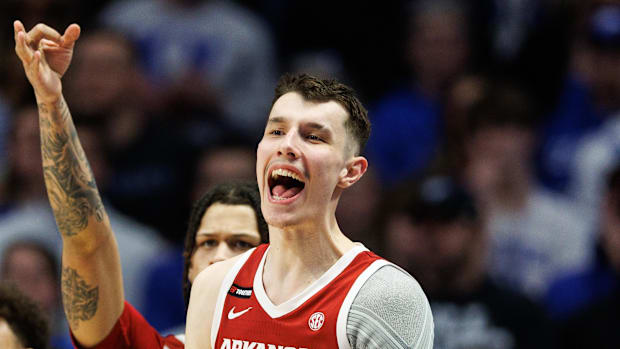 Arkansas Razorbacks forward Zvonimir Ivisic (44) celebrates from the bench during the second half against the Kentucky Wildca